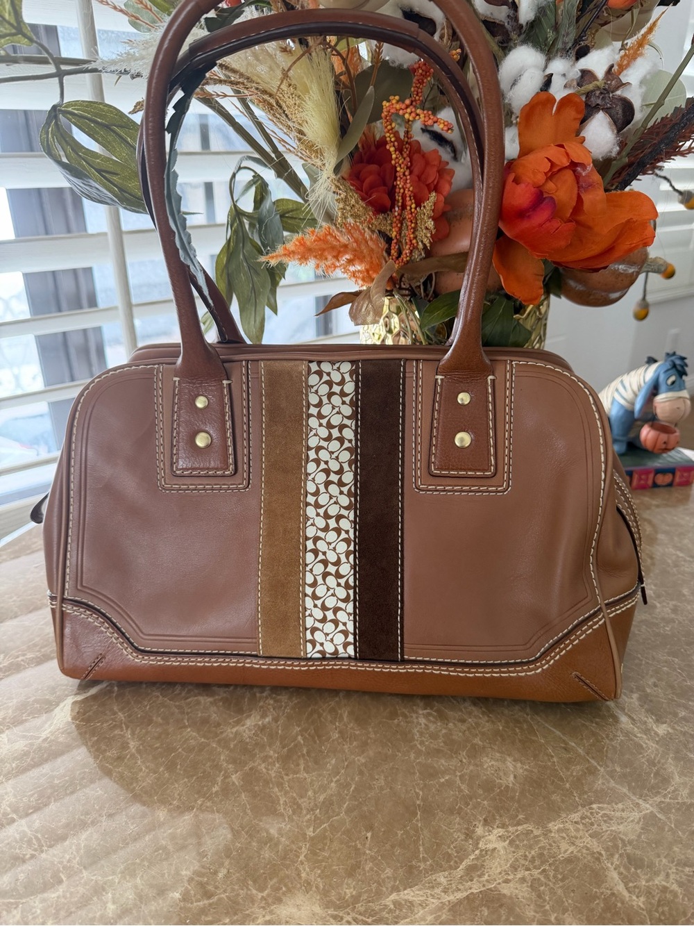 Coach Brown Leather Satchel with Signature Stripe Accents